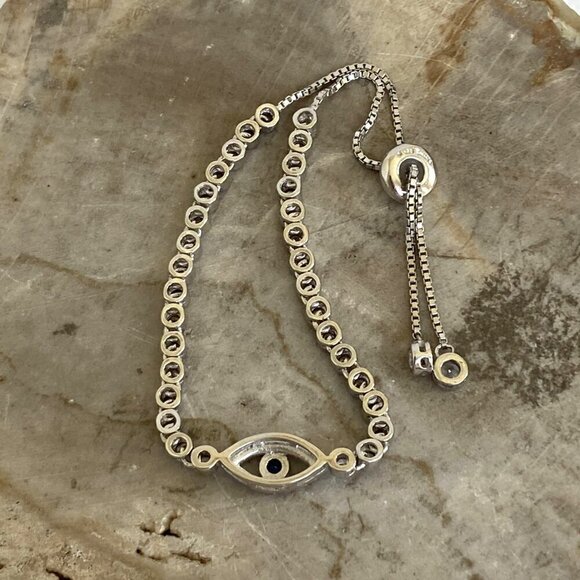 Sterling Silver 925 Blue Topaz & CZ Evil Eye Adjustable Bolo Tennis Bracelet - Picture 7 of 16